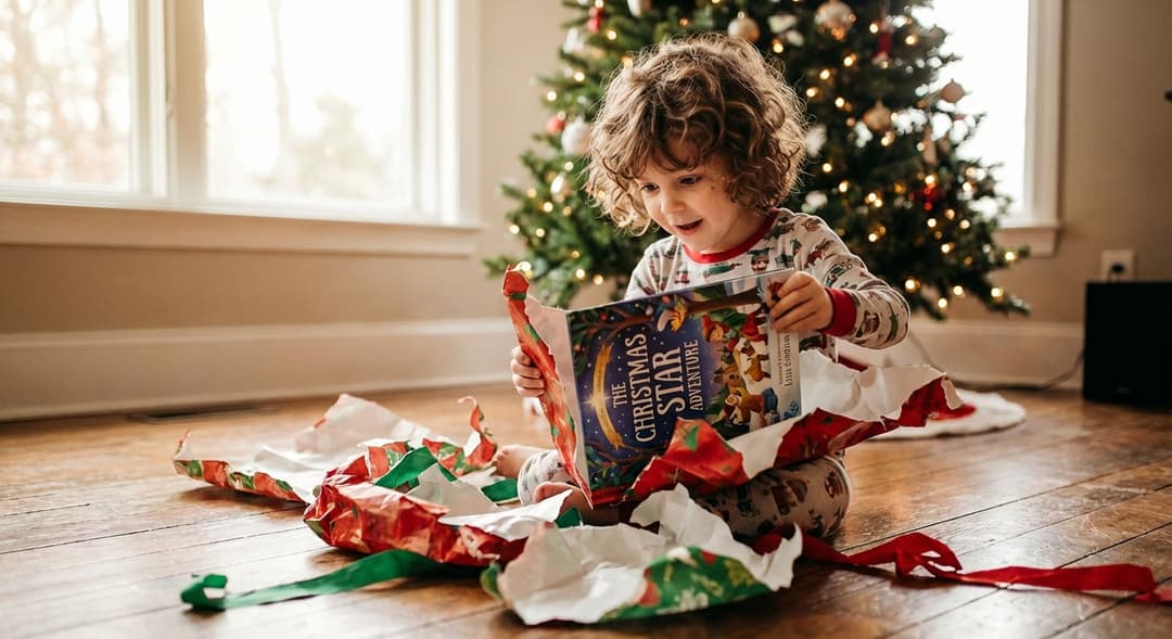Child unwrapping a storybook gift