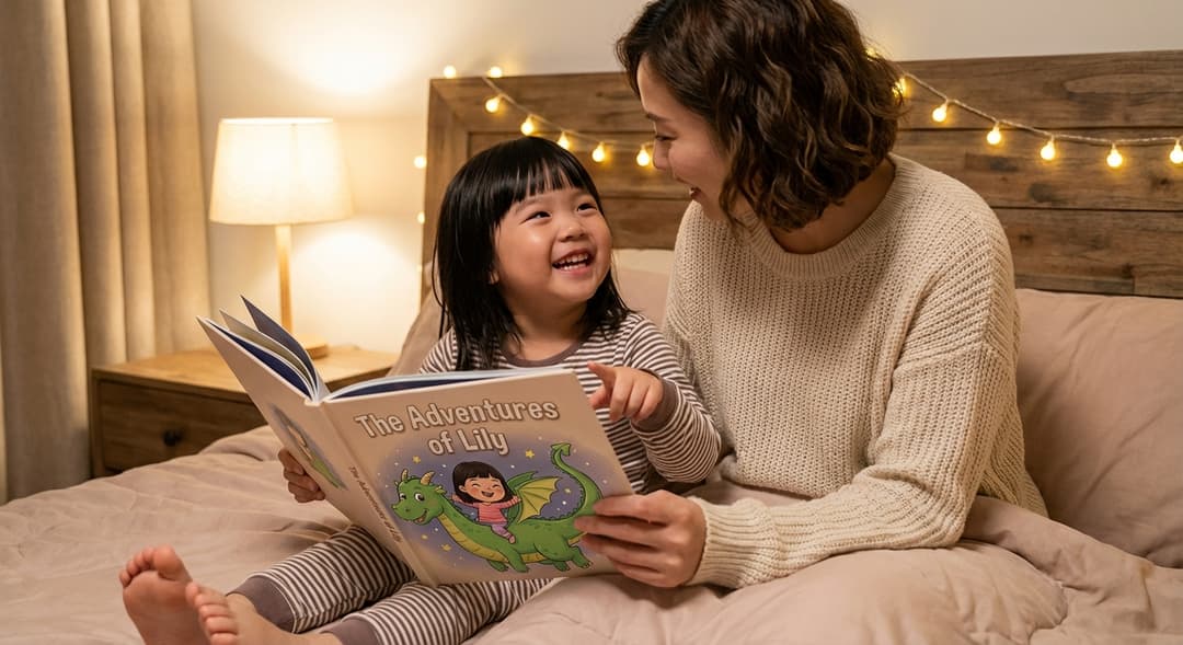 Mother and daughter reading a personalized storybook together