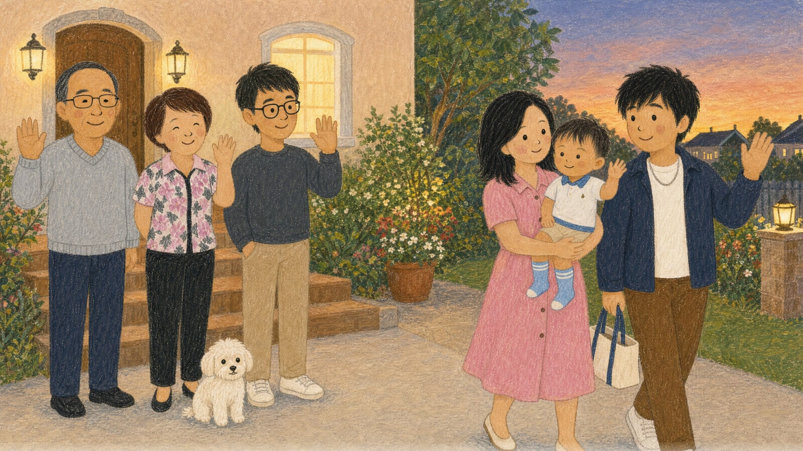At dusk a grandmother, grandfather and uncle wave goodnight from their front steps beside a white dog, as a little boy waves back from his mother’s arms on the way home