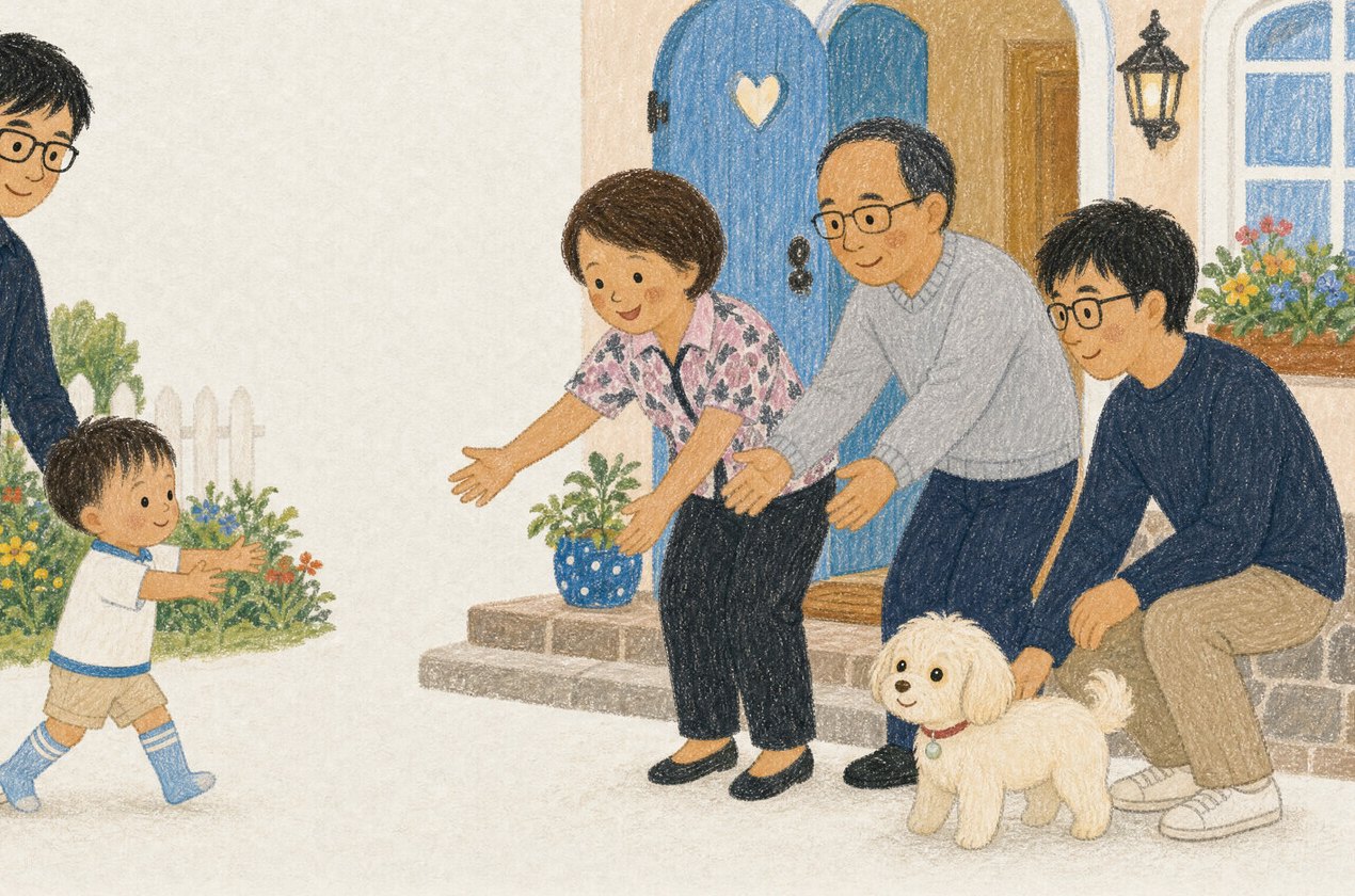 A grandmother and grandfather crouch at their blue front door with open arms as their grandson runs to them