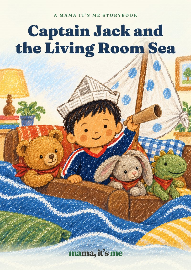 The cover of his book, drawn in the same Folk style: in a newspaper hat, he sails a sofa ship across a blanket sea with his toy bear, bunny and dinosaur