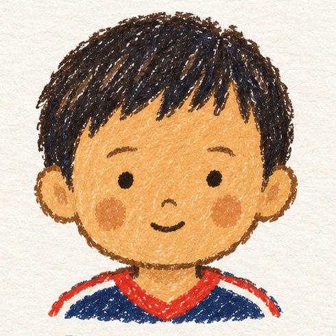 The same boy, drawn in the Folk style: dark tousled hair, round cheeks and a small smile