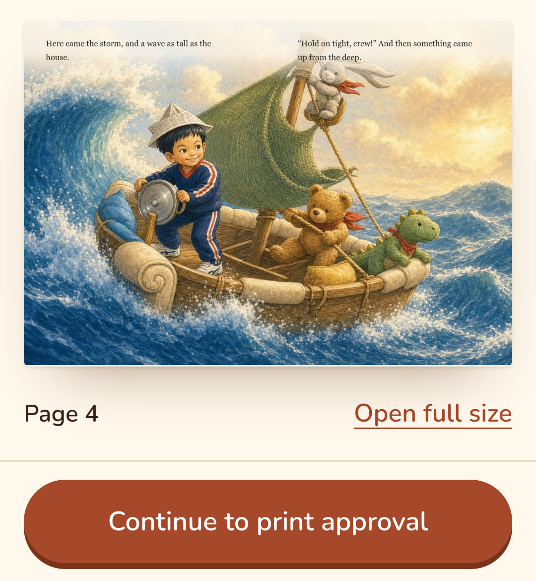 A finished page on screen with its words, a box to ask for a fix, and the button on to print approval