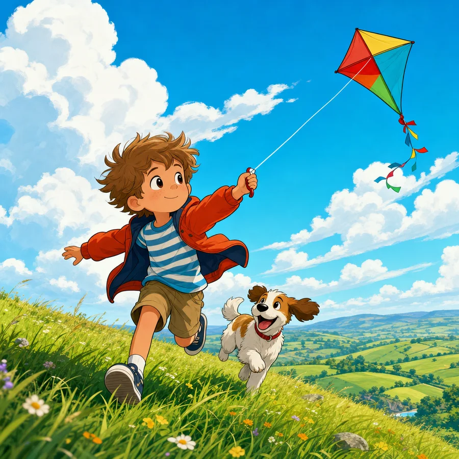 The same boy flying a kite on a green hill with a puppy, in the Cartoon style