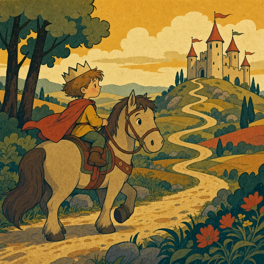 The same boy in a paper crown riding a pony toward a castle, in the Classic style