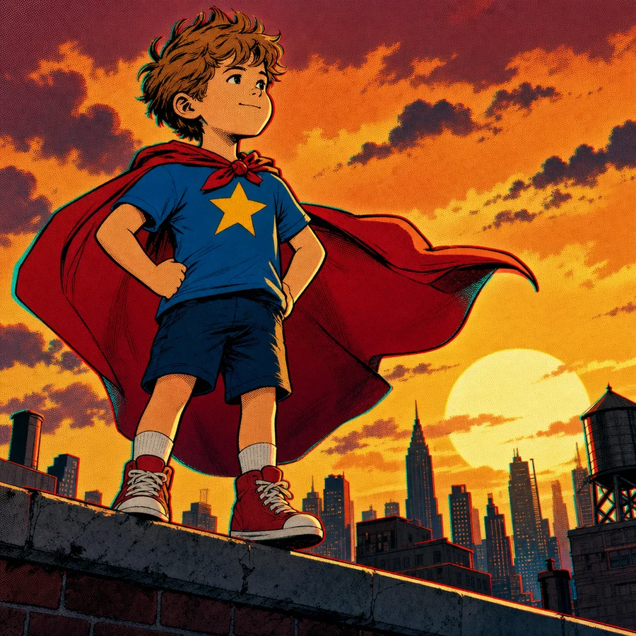The same boy in a red cape on a city rooftop at sunset, in the Comic style