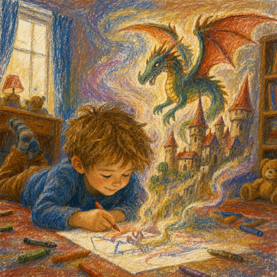 The same boy drawing a dragon and a castle on the floor, in the Pencil style