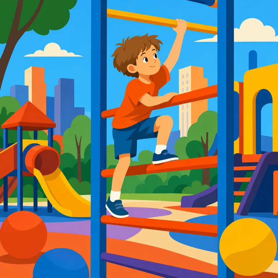 The same boy climbing a playground frame, in the Flat color style