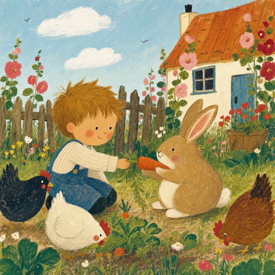 The same boy feeding a carrot to a rabbit in a cottage garden, in the Folk style