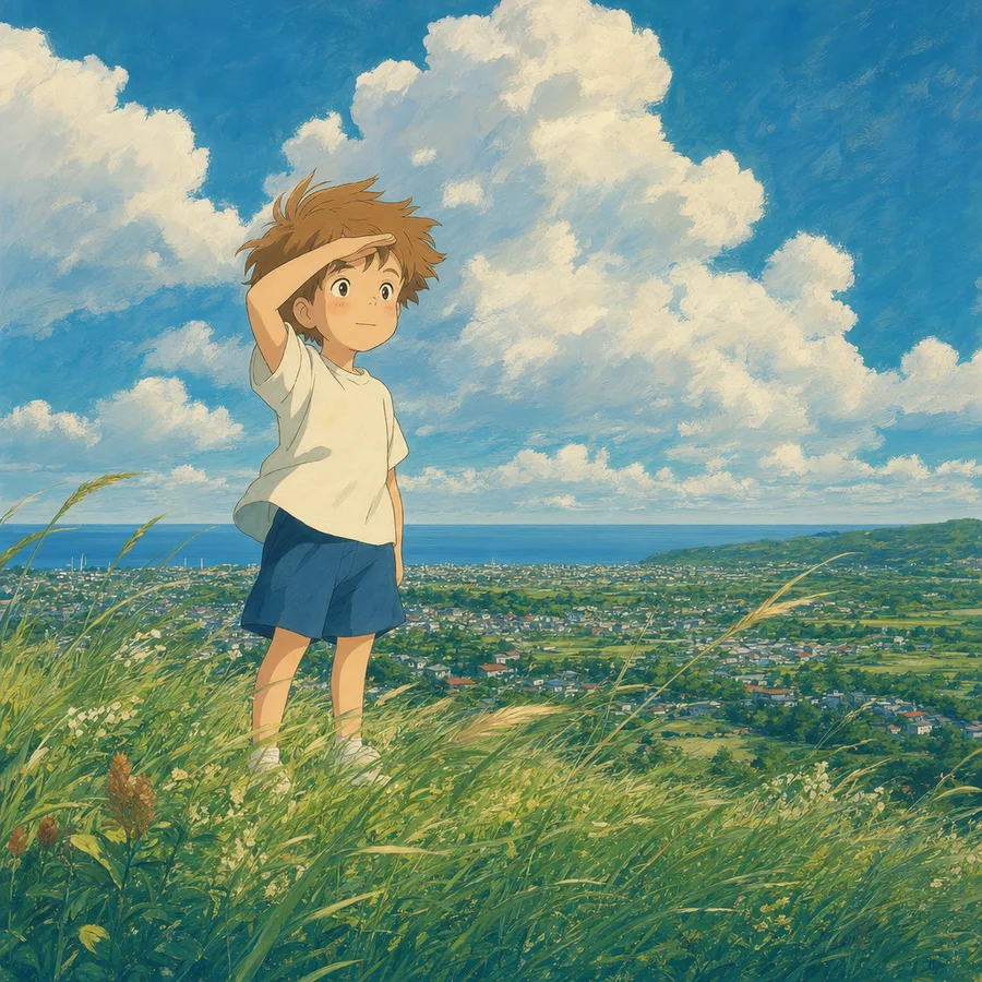 The same boy on a grassy hill above the sea, in the Painted style