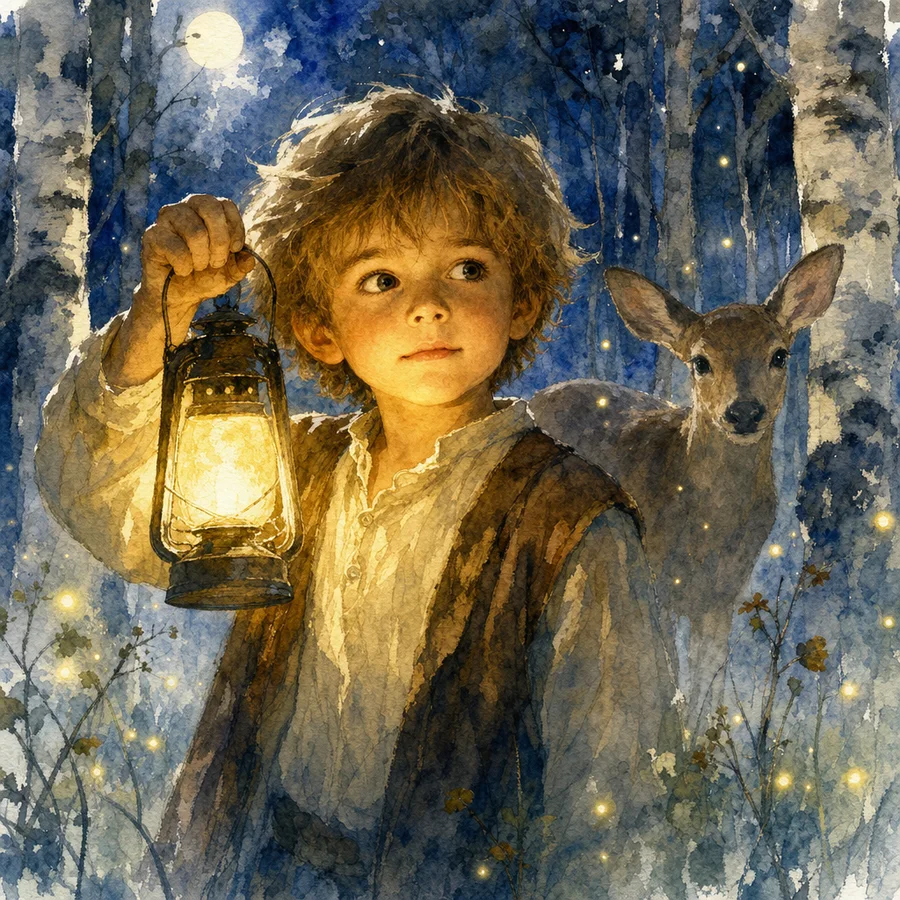 The same boy holding a lantern in a moonlit wood beside a deer, in the Watercolor style